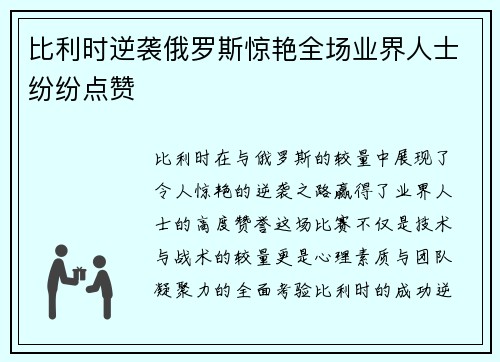 比利时逆袭俄罗斯惊艳全场业界人士纷纷点赞