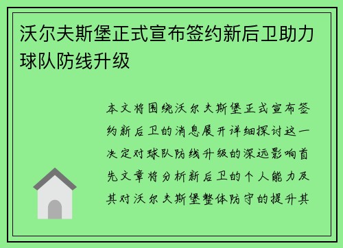 沃尔夫斯堡正式宣布签约新后卫助力球队防线升级