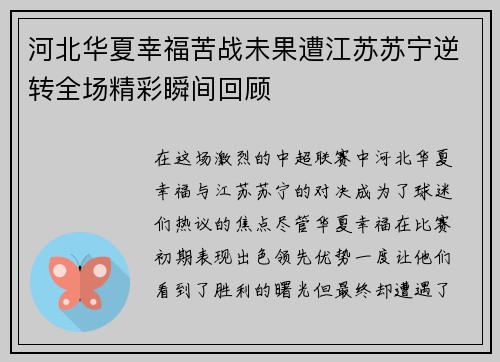 河北华夏幸福苦战未果遭江苏苏宁逆转全场精彩瞬间回顾