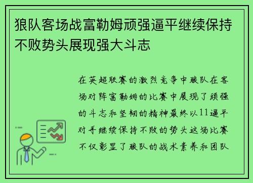 狼队客场战富勒姆顽强逼平继续保持不败势头展现强大斗志