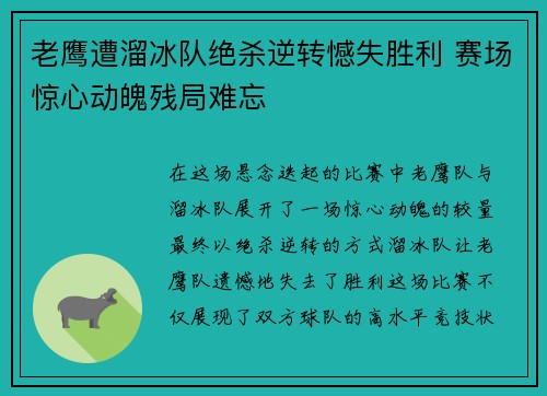 老鹰遭溜冰队绝杀逆转憾失胜利 赛场惊心动魄残局难忘