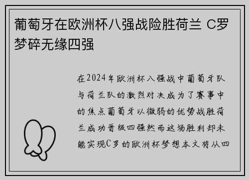 葡萄牙在欧洲杯八强战险胜荷兰 C罗梦碎无缘四强