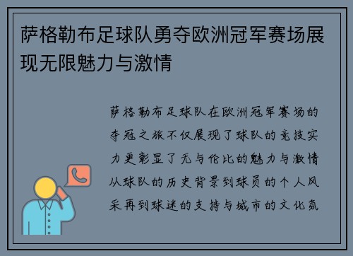 萨格勒布足球队勇夺欧洲冠军赛场展现无限魅力与激情