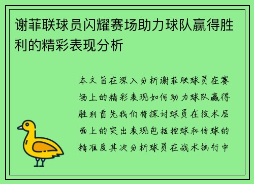 谢菲联球员闪耀赛场助力球队赢得胜利的精彩表现分析